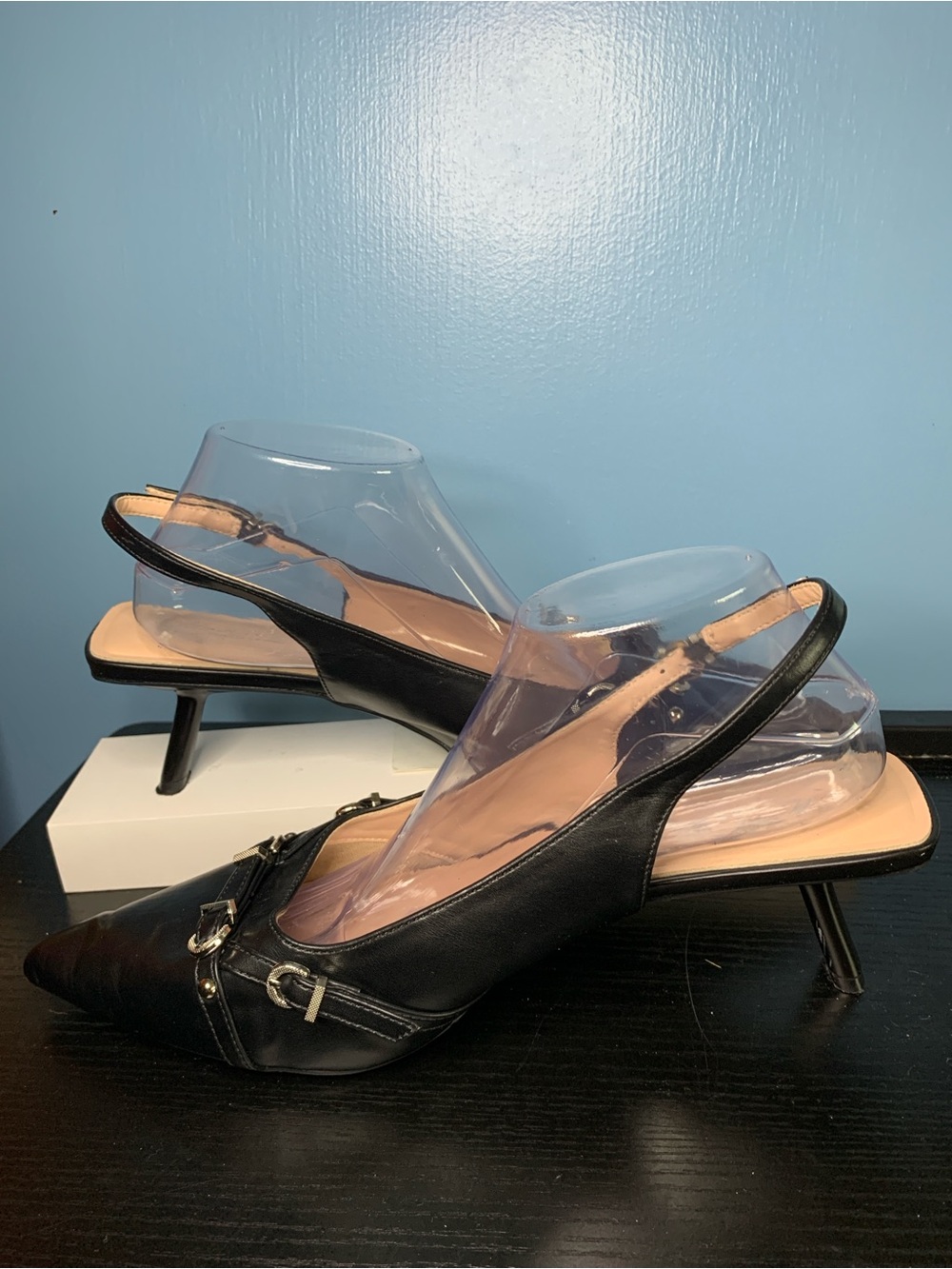 Black Pointed-Toe Slingback Pumps with Metallic Bit Accent